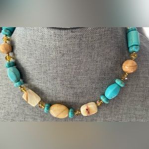 Beaded Necklace Brown Agate Turquoise Howlite, Jasper & Crystal 19”
